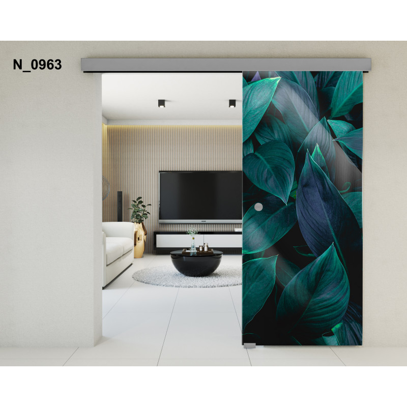 Drzwi szklane przesuwne PortaVetro LIŚCIE N_0963 Srebrne