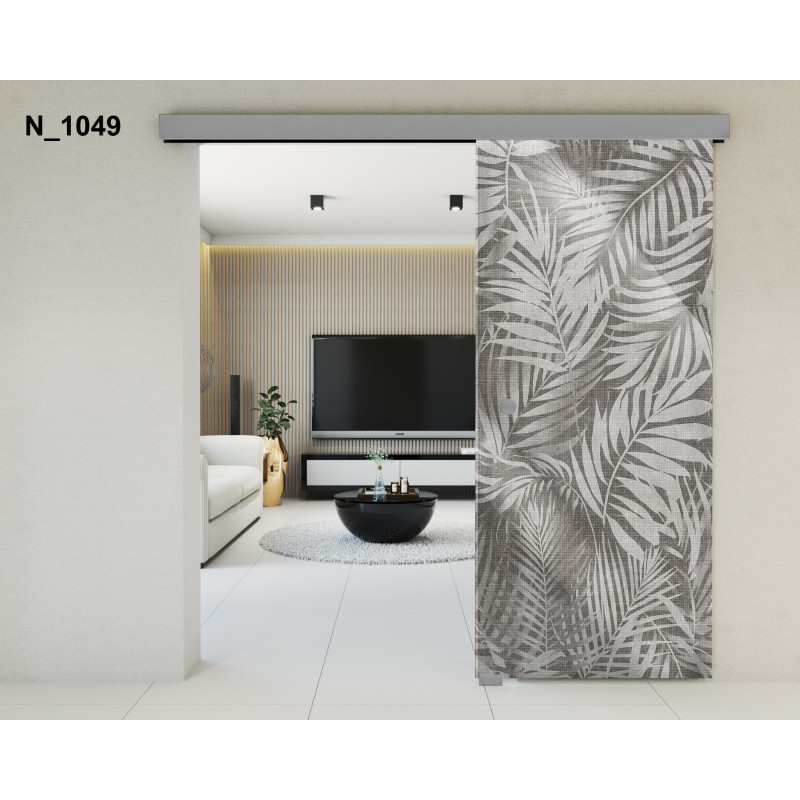 Drzwi szklane przesuwne PortaVetro LIŚCIE PALMY N_1049 Srebrne