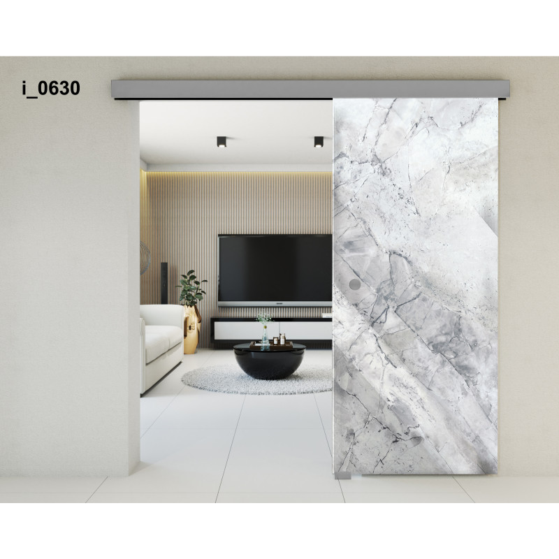 Drzwi szklane przesuwne PortaVetro JASNY MARMUR II i_0630 Srebrne