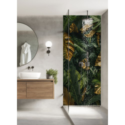 PANEL SZKLANY DO ŁAZIENKI - LIŚCIE TROPIKALNE ZŁOTE